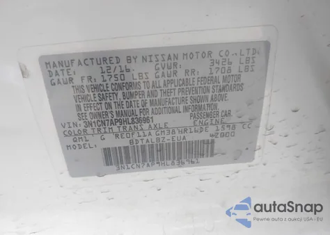 2017 Nissan Versa 1.6 Sv из США, поврежденный, VIN 3N1CN7AP9HL836961